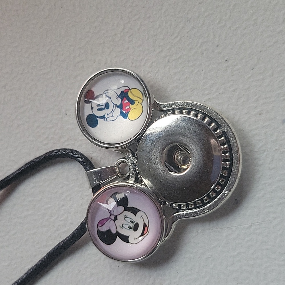 #D Silver Mouse Ears Snap Pendant Necklace With 2 18mm Snaps